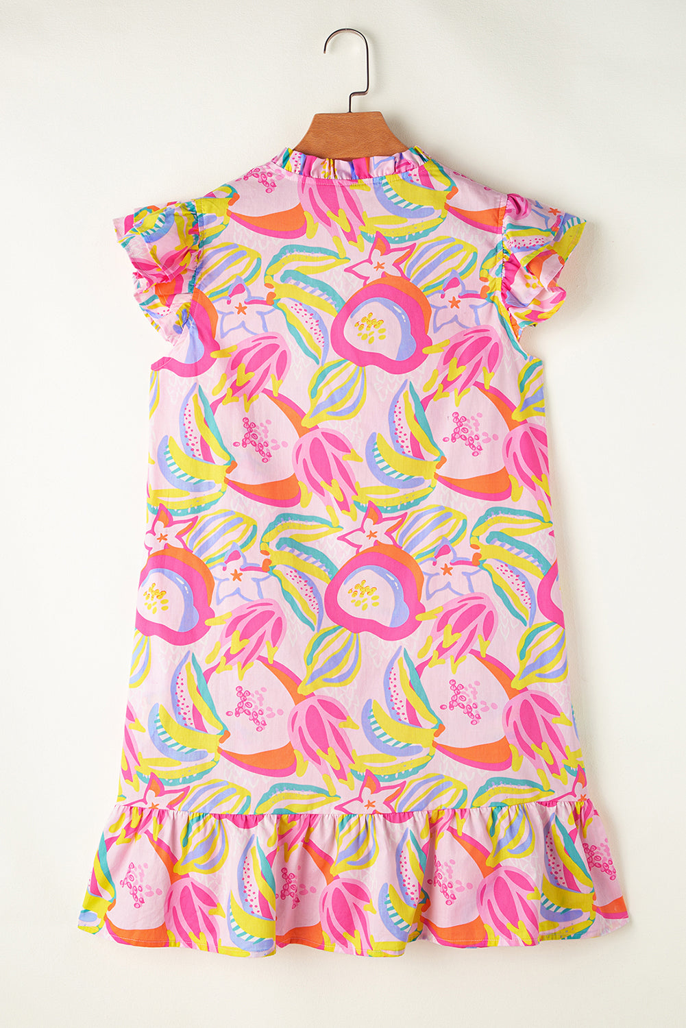 Tropical Print Button-Down Dress with Ruffle Trim and Flutter Sleeves Floral Dresses MyDresses 