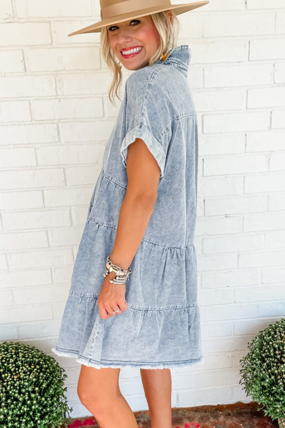 Acid Wash Tiered Denim Dress Mini Dresses MyDresses 