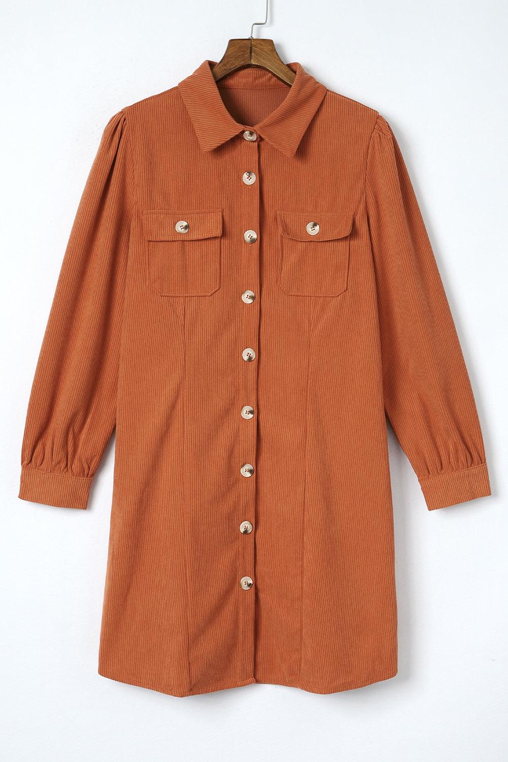 Corduroy Button-Up Long Sleeve Shirt Dress Mini Dresses MyDresses 