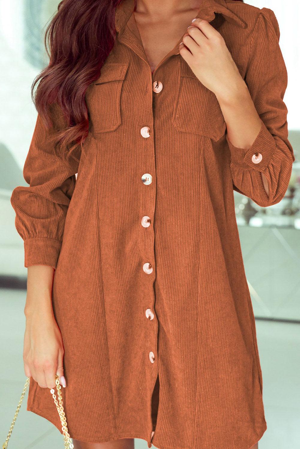 Corduroy Button-Up Long Sleeve Shirt Dress Mini Dresses MyDresses 