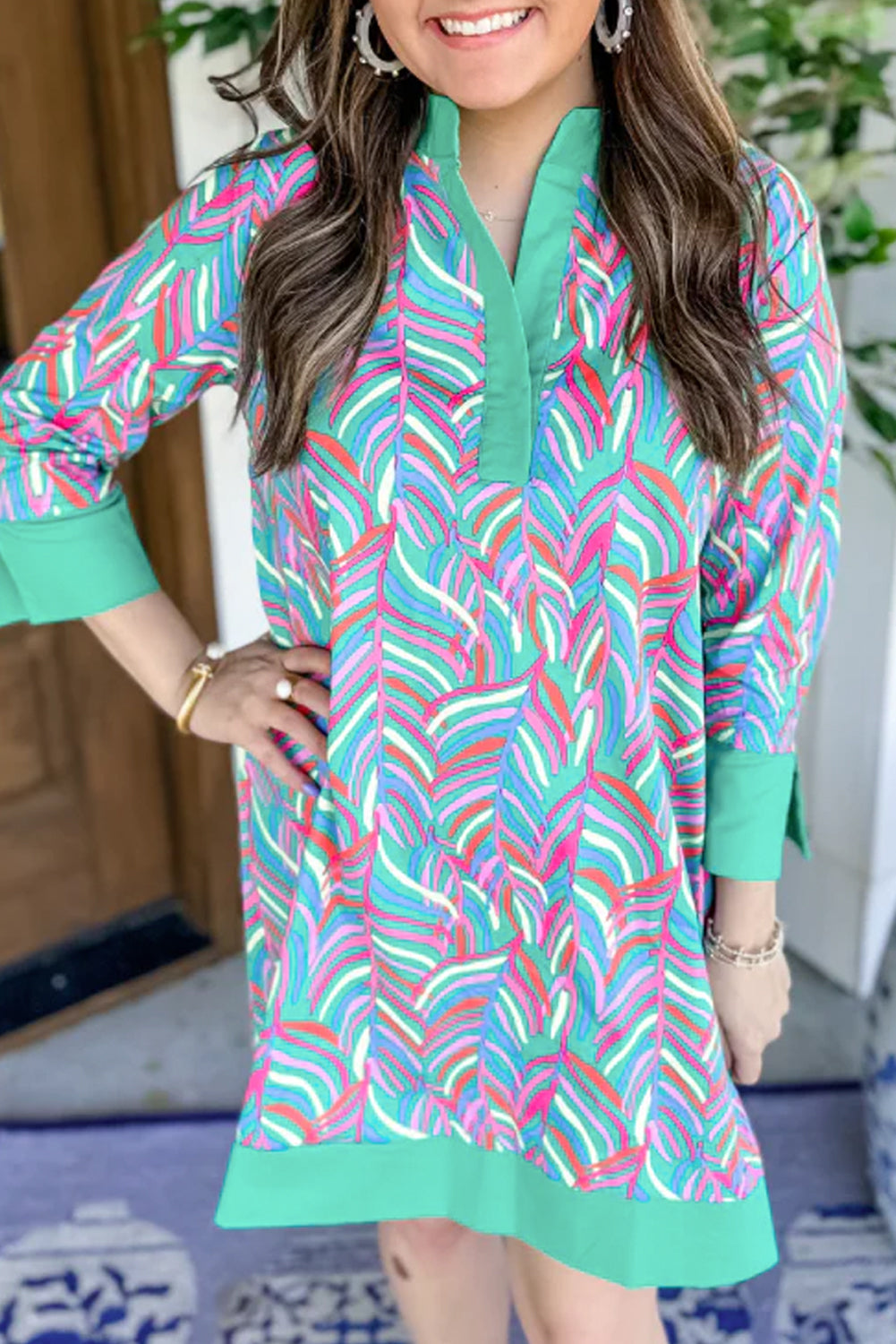 Geometric Print Shift Dress with Split Neck and Bracelet Sleeves Mini Dresses MyDresses Green 8 | S 