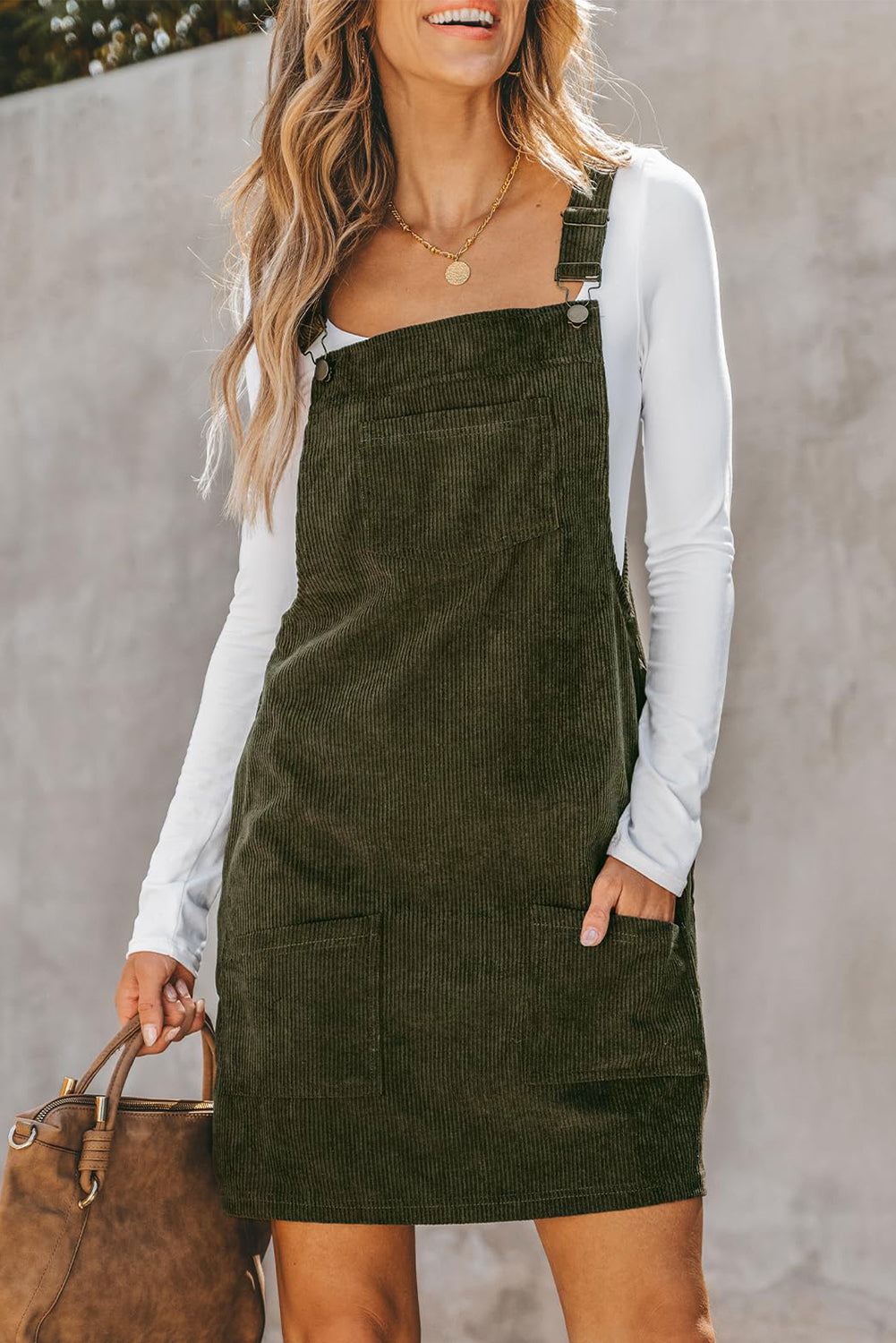 Corduroy Overall Dress with Adjustable Straps and Front Pockets Mini Dresses MyDresses Green 8 | S 