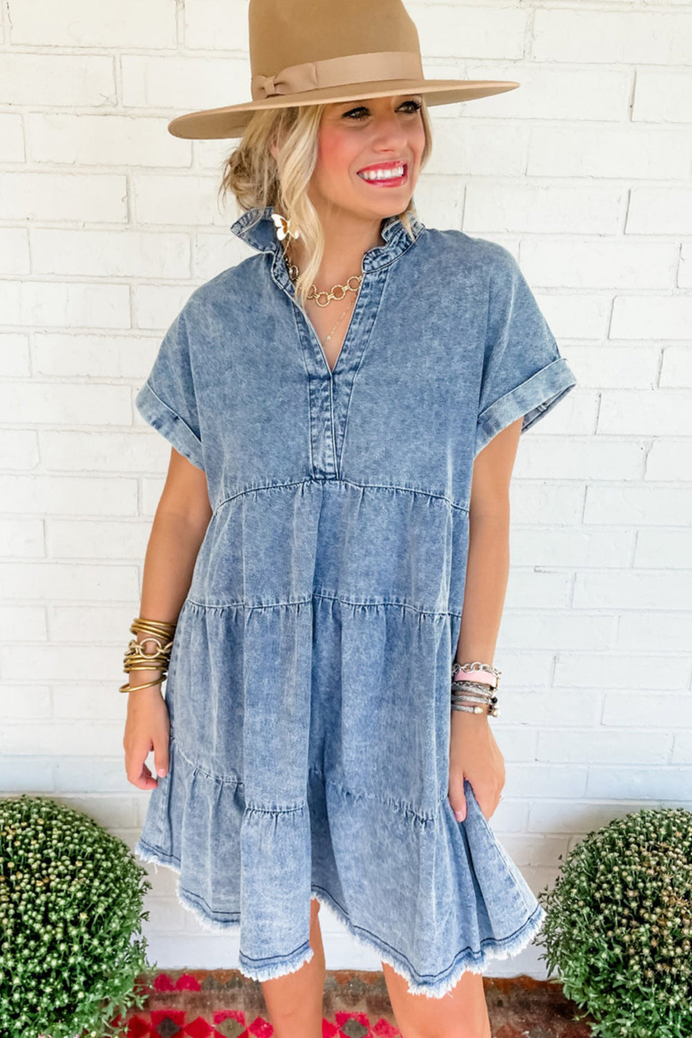 Acid Wash Tiered Denim Dress Mini Dresses MyDresses 