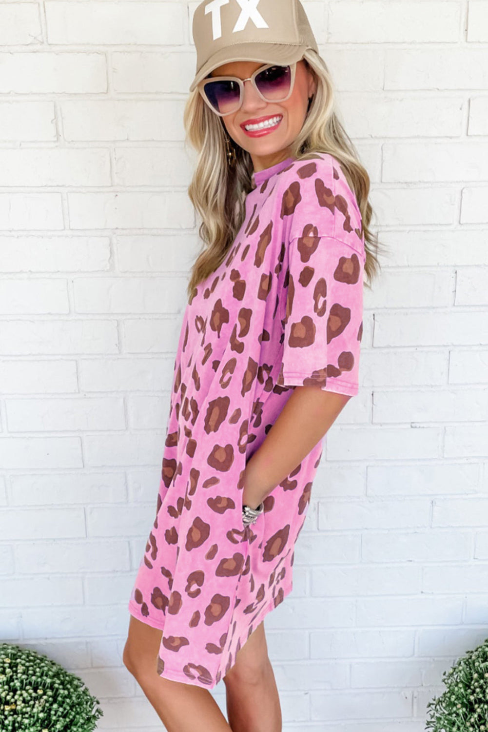 Leopard Print Mini Dress with Side Pockets and Mineral Wash T Shirt Dresses MyDresses 