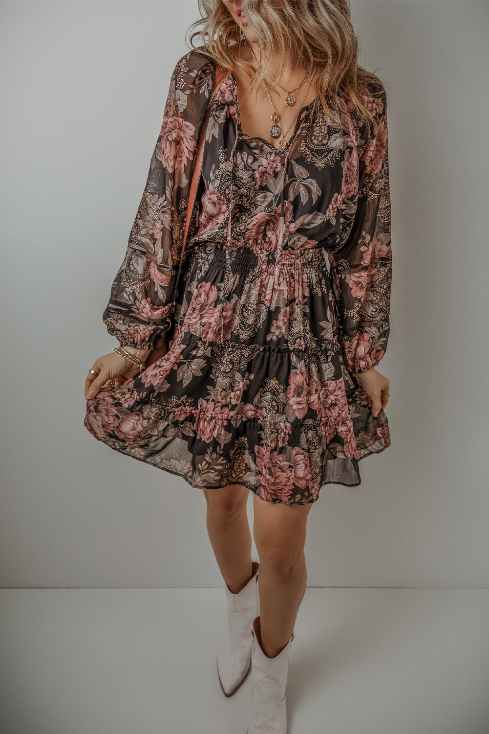 Vintage Floral Mini Dress with Puff Sleeves and Smock Waist Floral Dresses MyDresses 