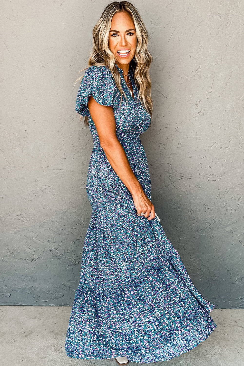 Floral Print Maxi Dress with Shirred Bodice and Puff Sleeves Maxi Dresses MyDresses 