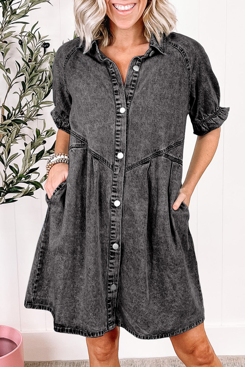 Ruffled Short Sleeve Buttoned Denim Dress Mini Dresses MyDresses Grey 8 | S 