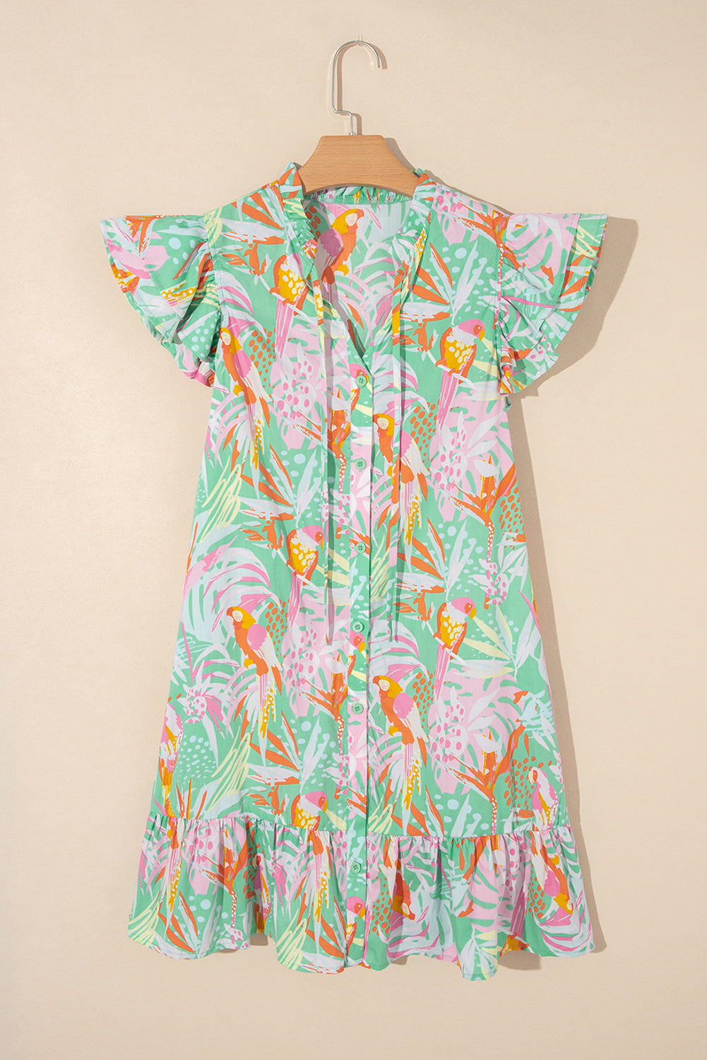 Tropical Print Button-Down Dress with Ruffle Trim and Flutter Sleeves Floral Dresses MyDresses 