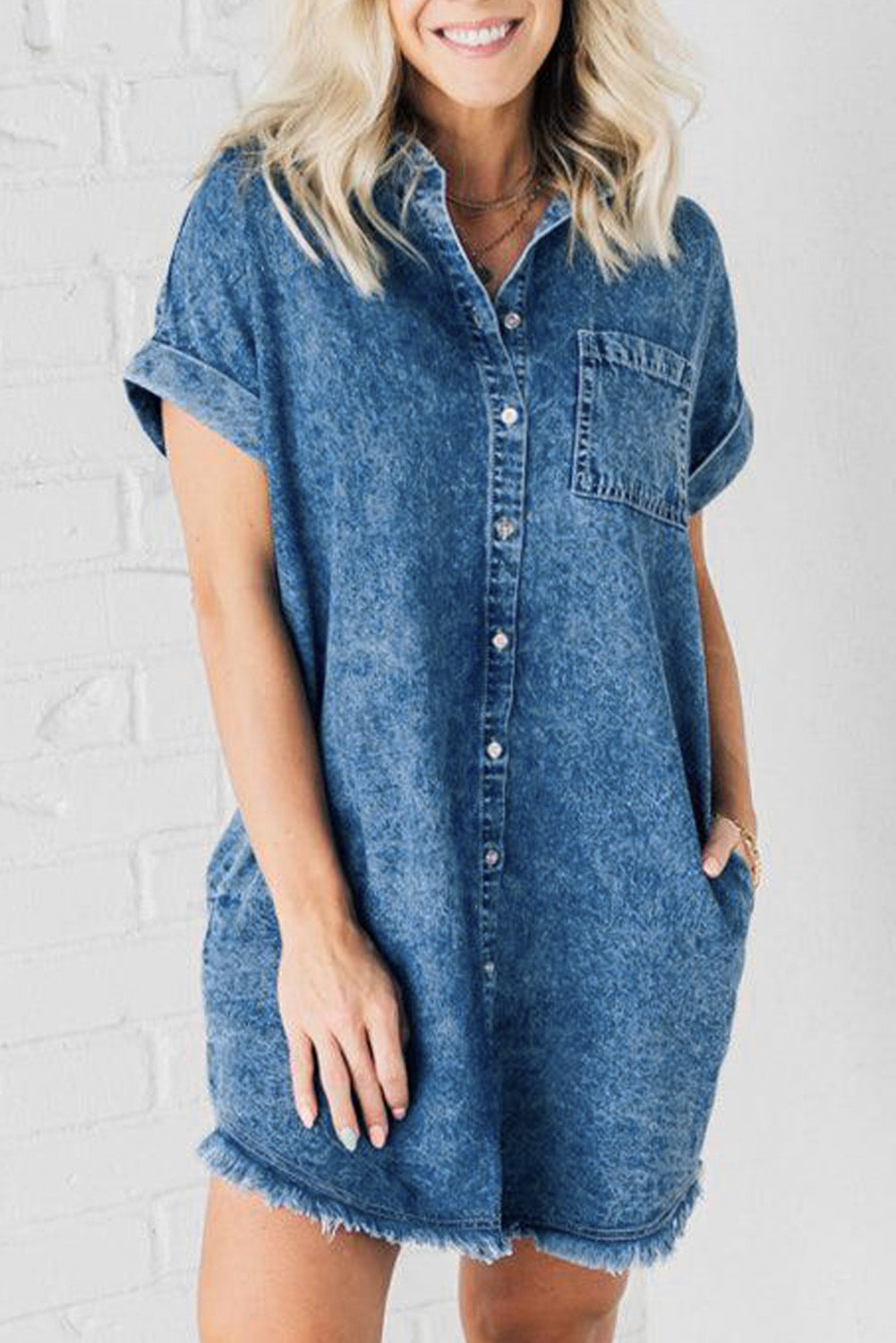 Cuffed Sleeve Frayed Hem Denim Dress Mini Dresses MyDresses Blue 8 | S 