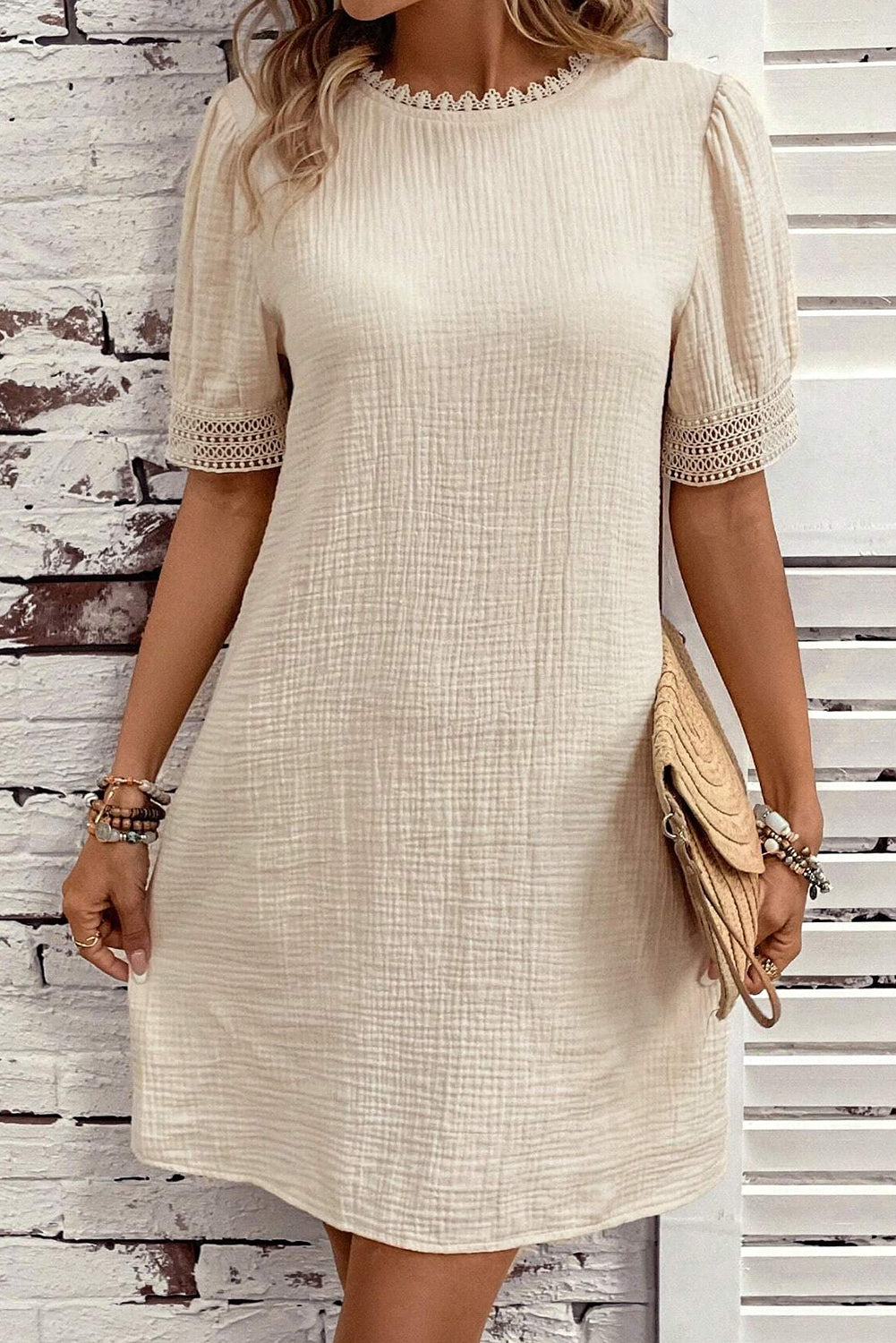 Lace Trim Puff Sleeve Shift Dress Mini Dresses MyDresses Beige 8 | S 