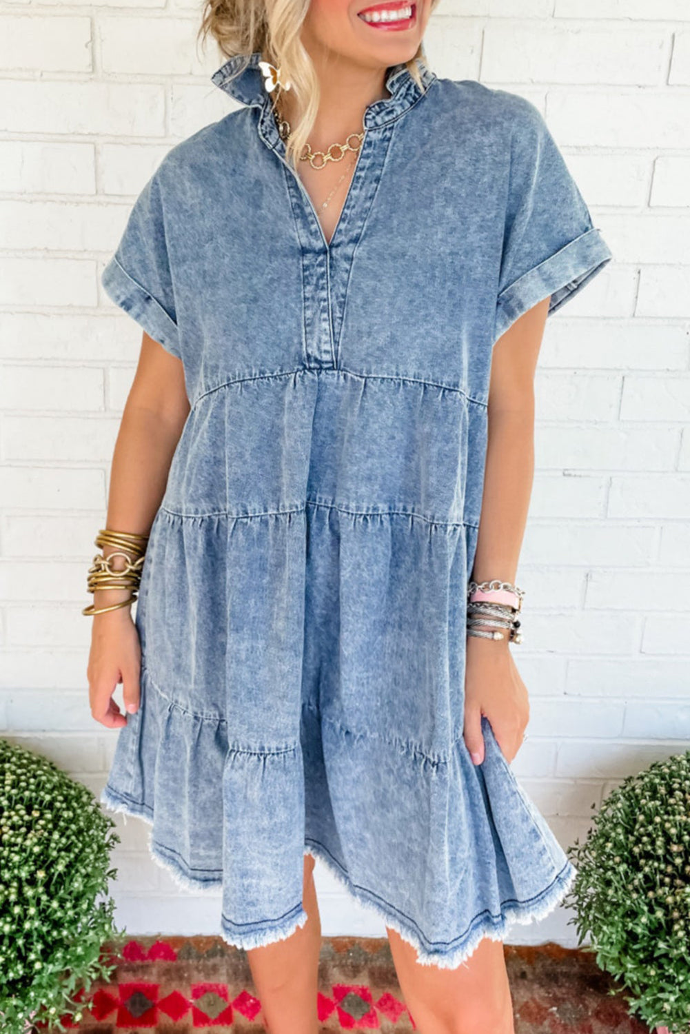 Acid Wash Tiered Denim Dress Mini Dresses MyDresses Sky Blue 8 | S 