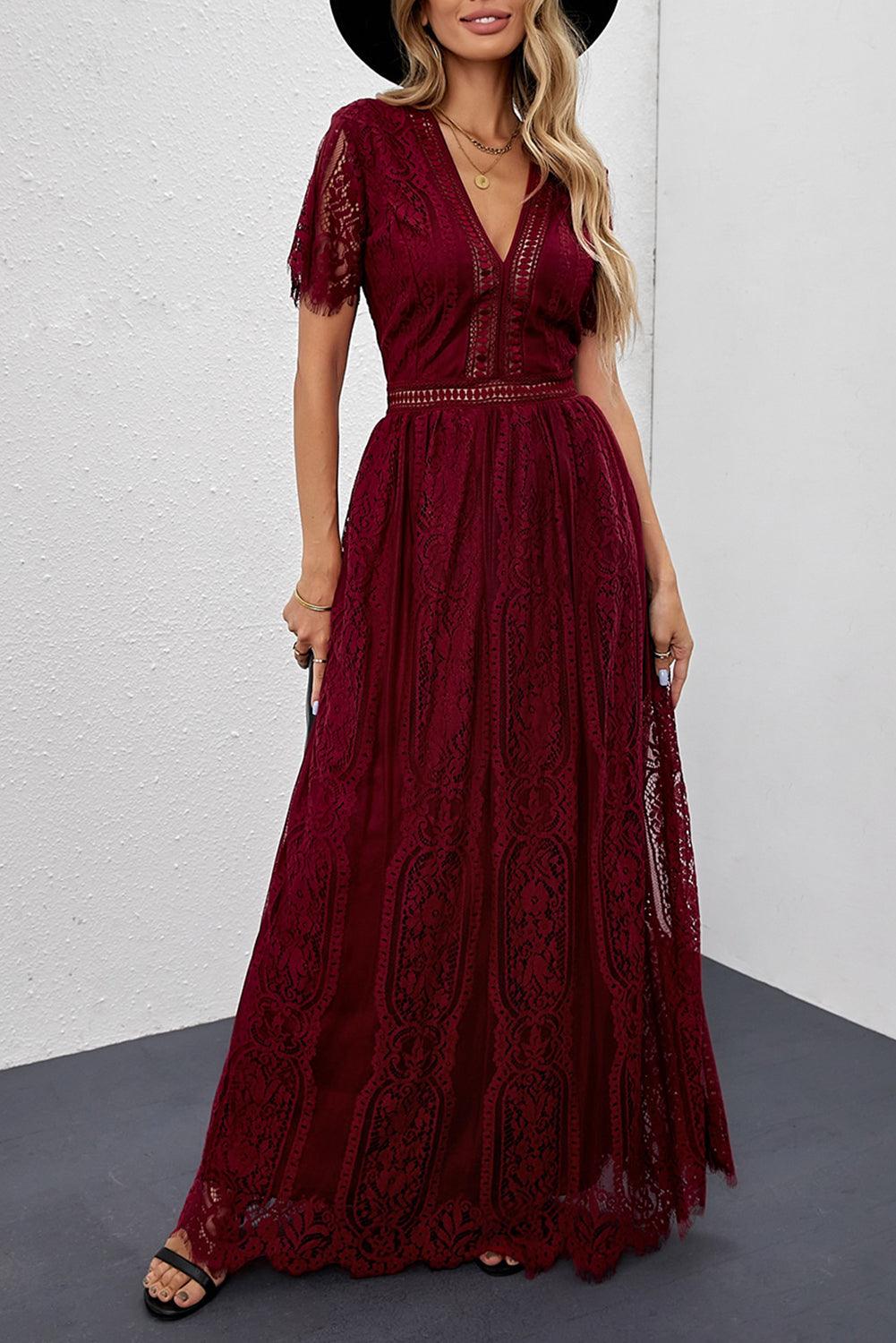 Elegant Royal Lace Maxi Dress with V-Neckline Maxi Dresses MyDresses Red 8 | S 