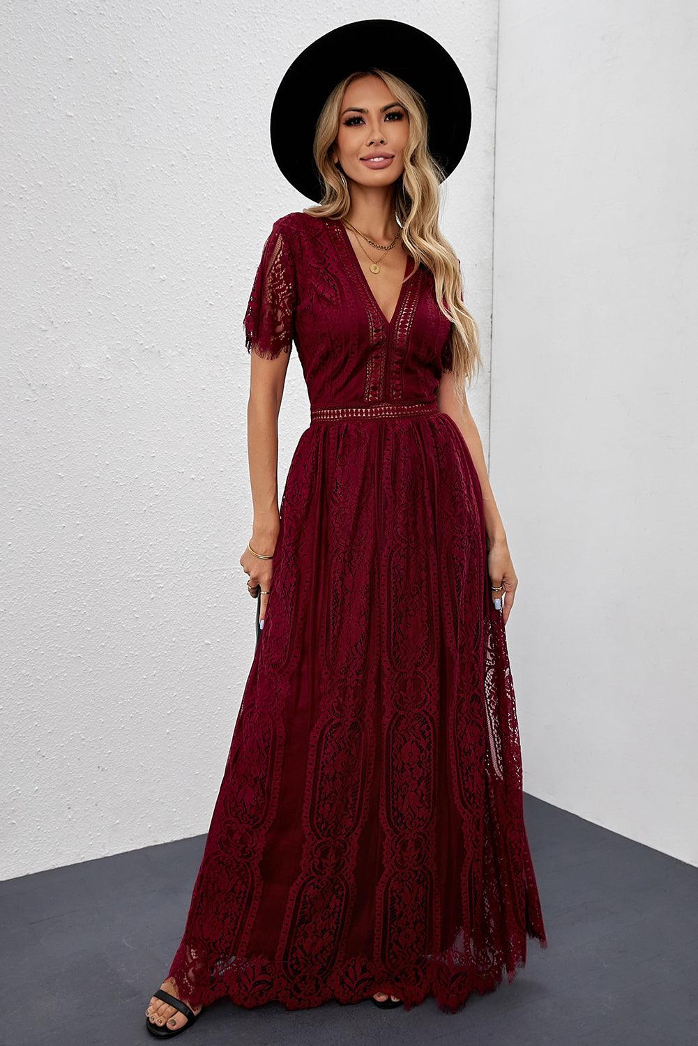 Elegant Royal Lace Maxi Dress with V-Neckline Maxi Dresses MyDresses 