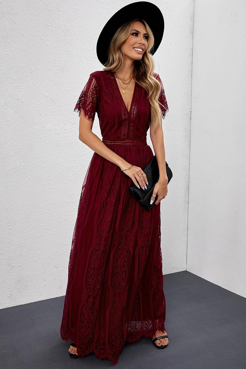 Elegant Royal Lace Maxi Dress with V-Neckline Maxi Dresses MyDresses 