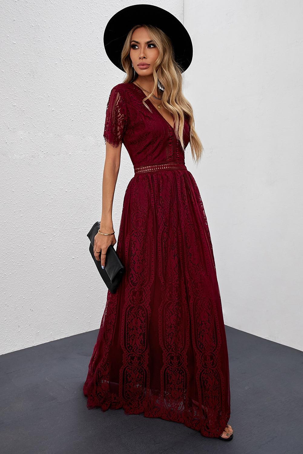 Elegant Royal Lace Maxi Dress with V-Neckline Maxi Dresses MyDresses 