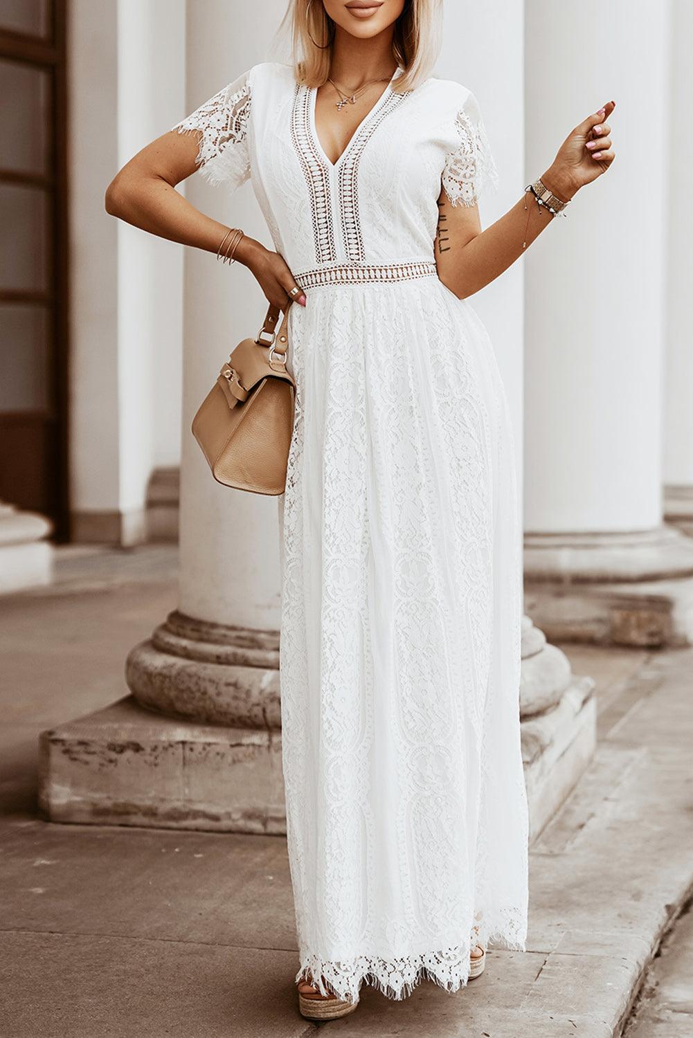 Elegant Royal Lace Maxi Dress with V-Neckline Maxi Dresses MyDresses White 8 | S 