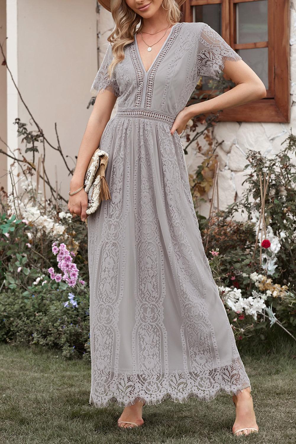 Elegant Royal Lace Maxi Dress with V-Neckline Maxi Dresses MyDresses Grey 8 | S 