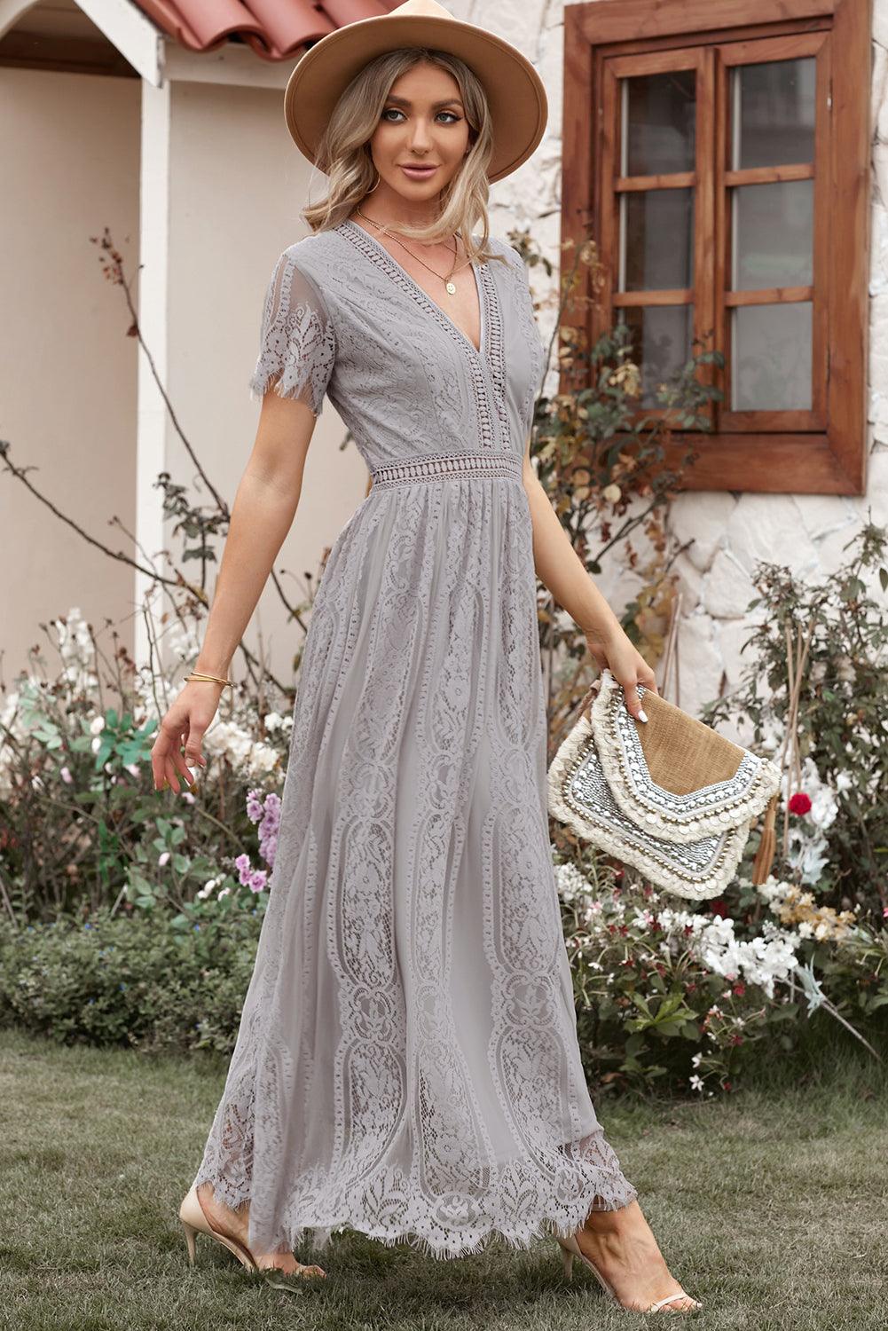 Elegant Royal Lace Maxi Dress with V-Neckline Maxi Dresses MyDresses 