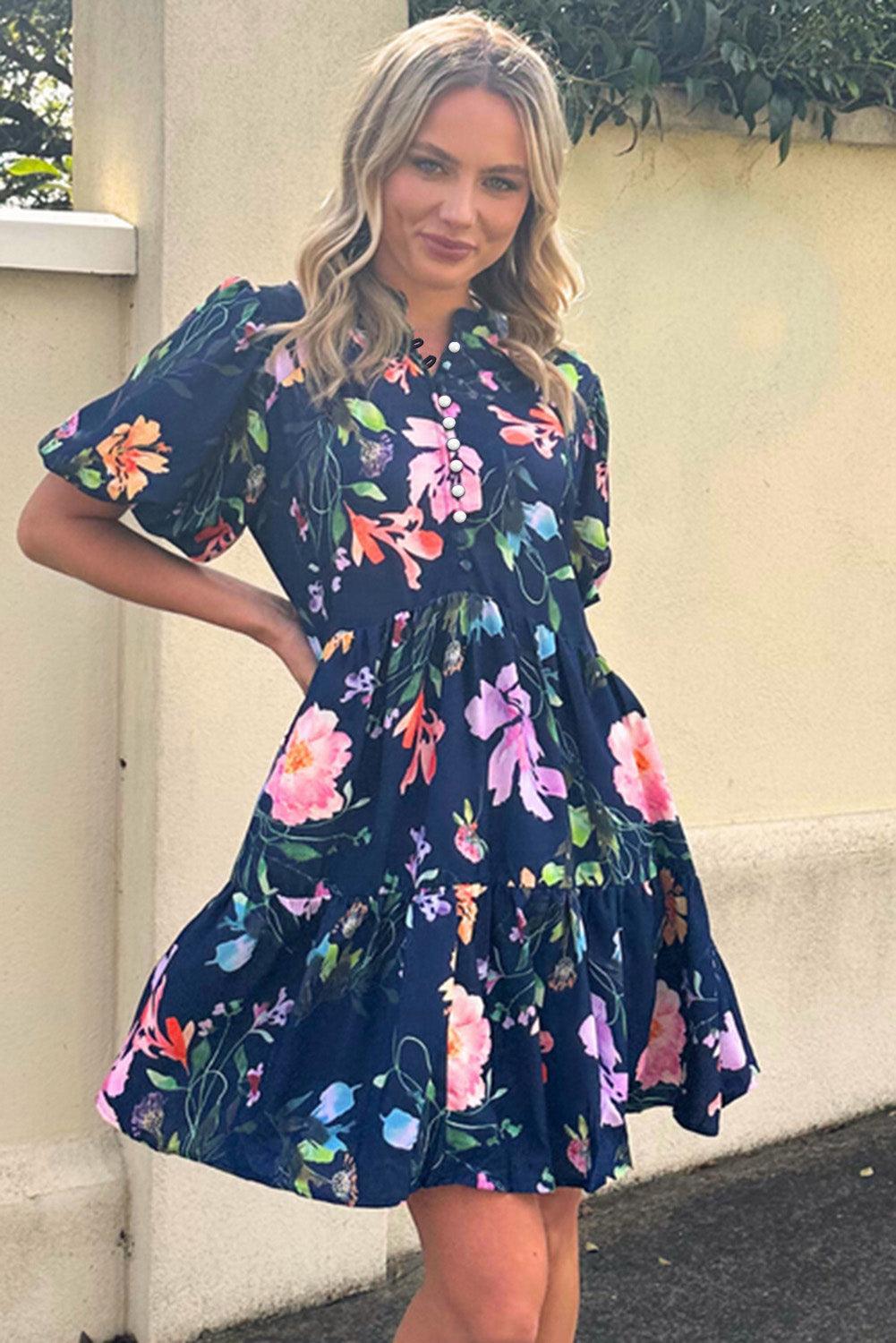 Floral Bubble Sleeve Mandarin Dress with Buttons Floral Dresses MyDresses 