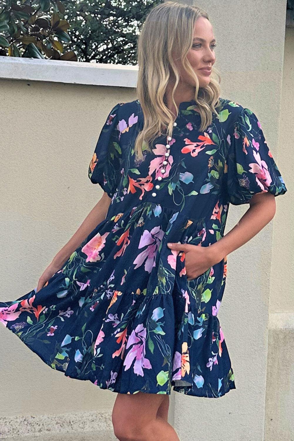 Floral Bubble Sleeve Mandarin Dress with Buttons Floral Dresses MyDresses 