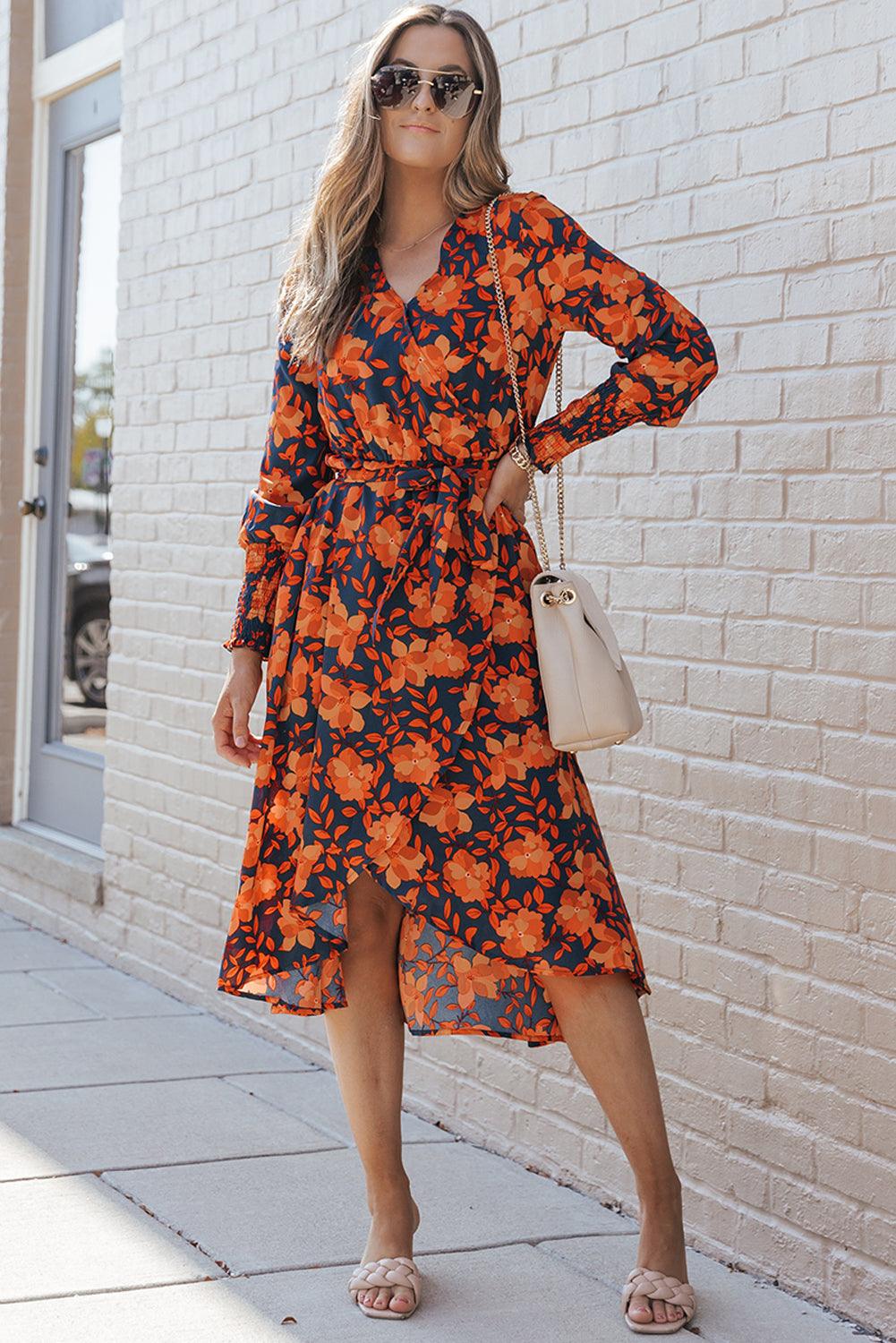 Floral Faux Wrap Belted Dress Midi Dresses MyDresses 