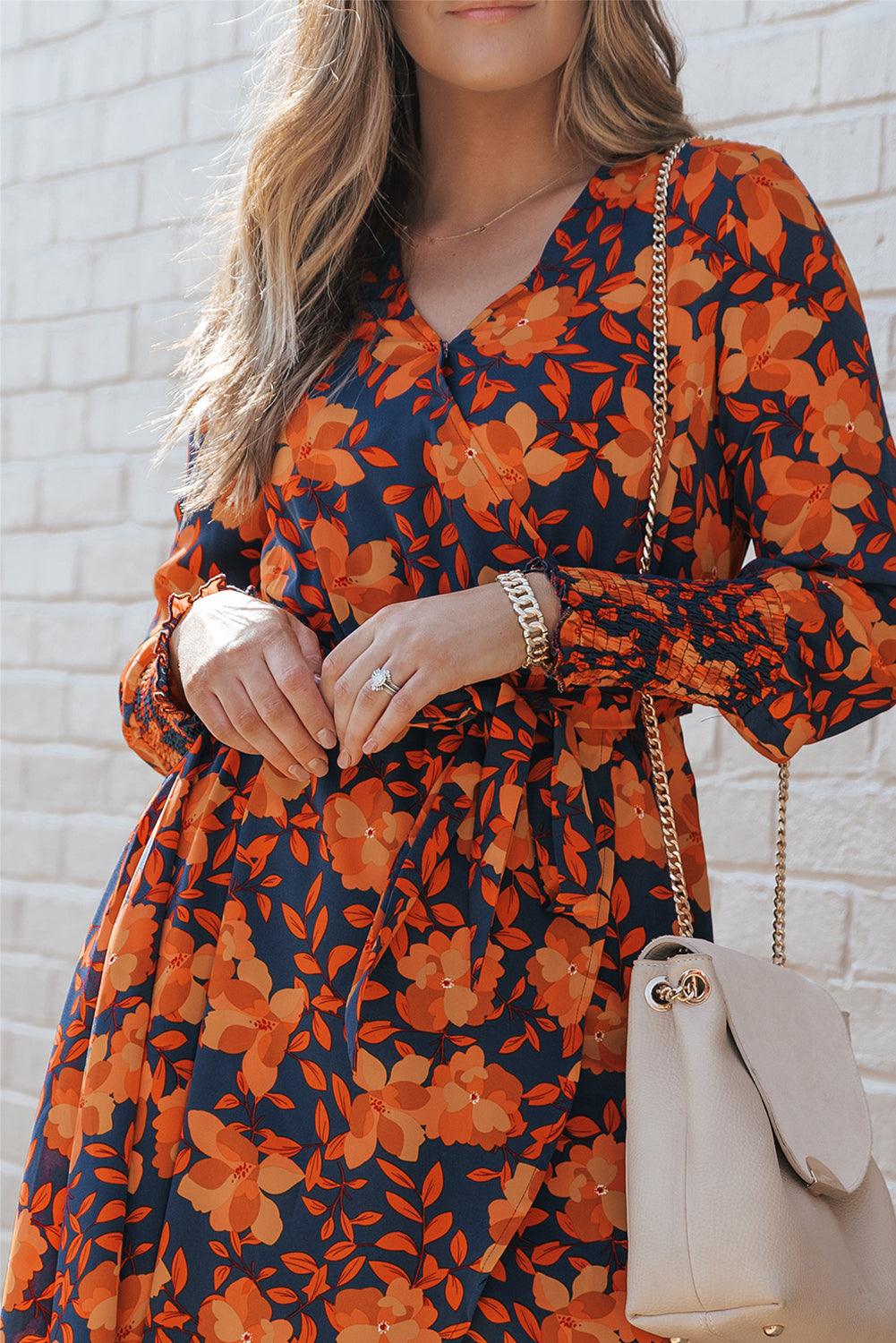 Floral Faux Wrap Belted Dress Midi Dresses MyDresses 