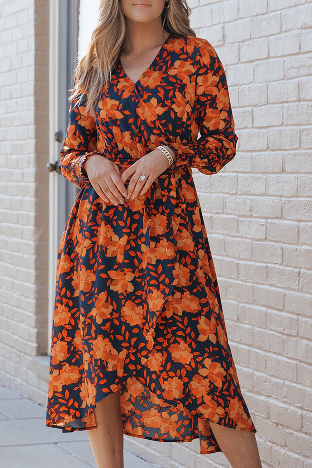 Floral Faux Wrap Belted Dress Midi Dresses MyDresses Orange 8 | S 