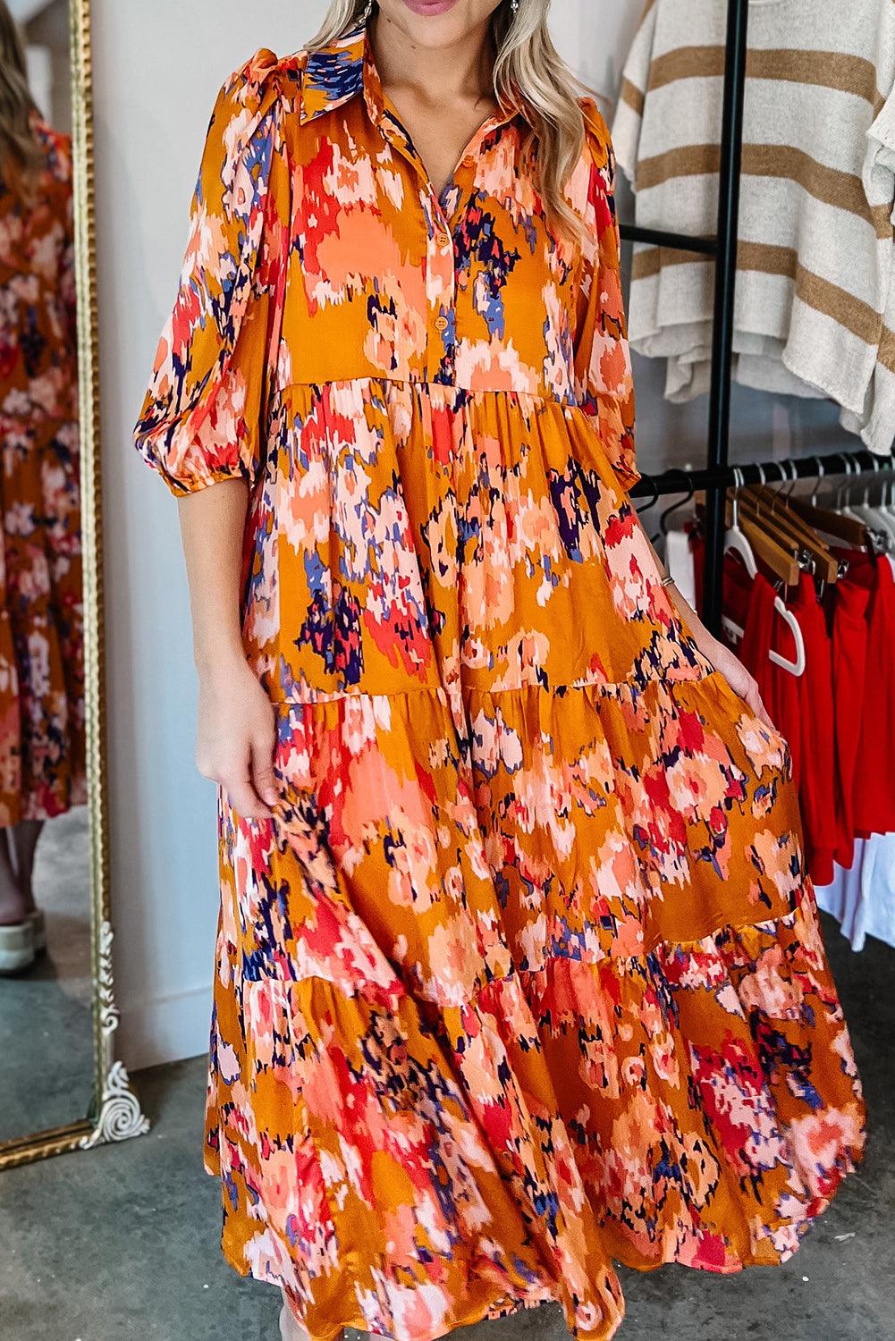 Floral Print Pleated Maxi Dress with Half Sleeves Maxi Dresses MyDresses Orange 8 | S 