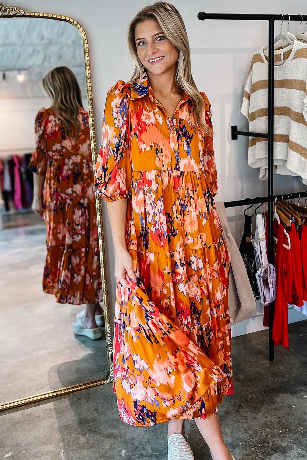 Floral Print Pleated Maxi Dress with Half Sleeves Maxi Dresses MyDresses 