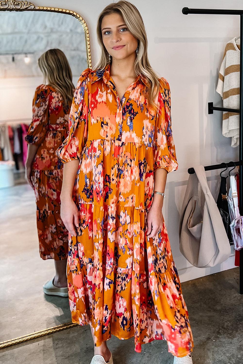 Floral Print Pleated Maxi Dress with Half Sleeves Maxi Dresses MyDresses 