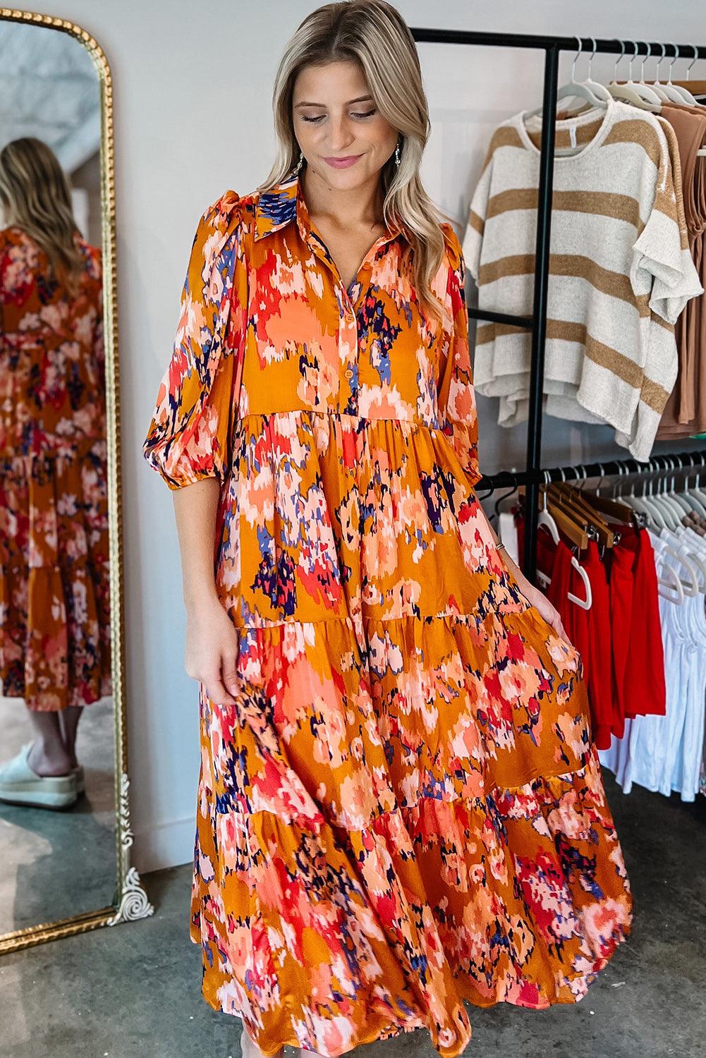 Floral Print Pleated Maxi Dress with Half Sleeves Maxi Dresses MyDresses 