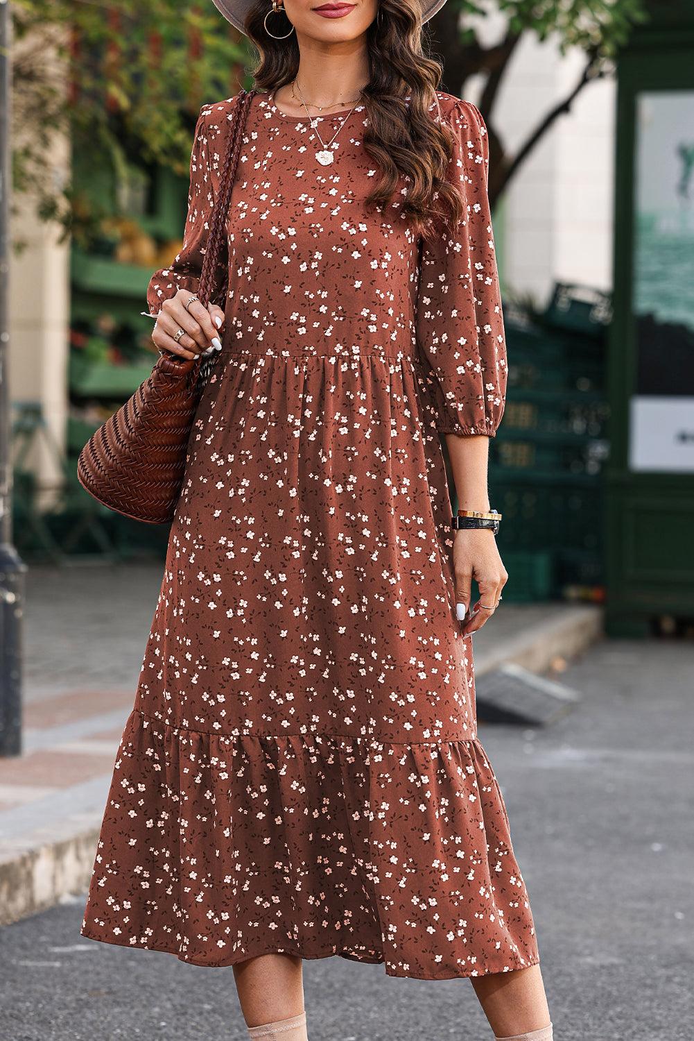 Floral Print Ruffle Hem Midi Dress Midi Dresses MyDresses Chestnut 8 | S 