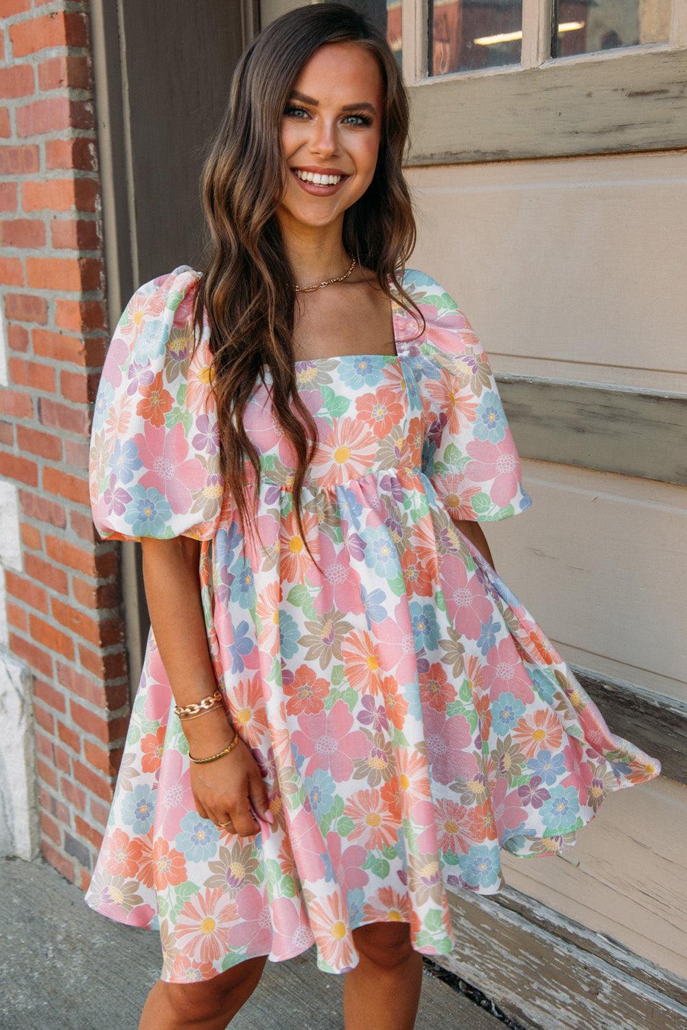 Floral Puff Sleeve Square Neck Babydoll Dress Floral Dresses MyDresses 