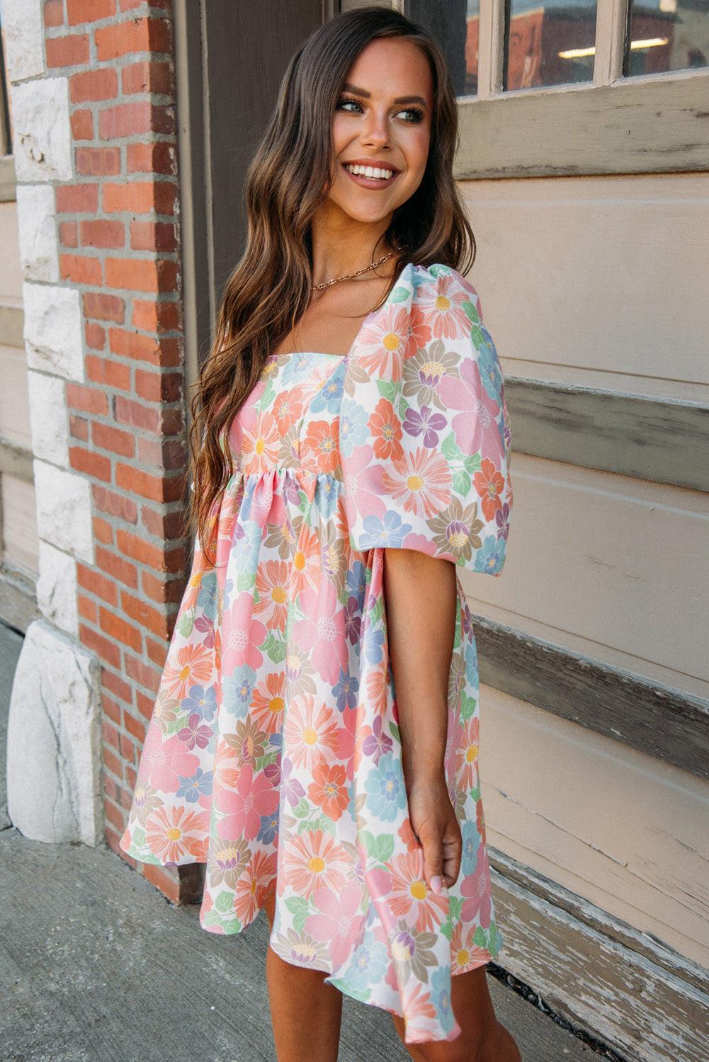 Floral Puff Sleeve Square Neck Babydoll Dress Floral Dresses MyDresses 