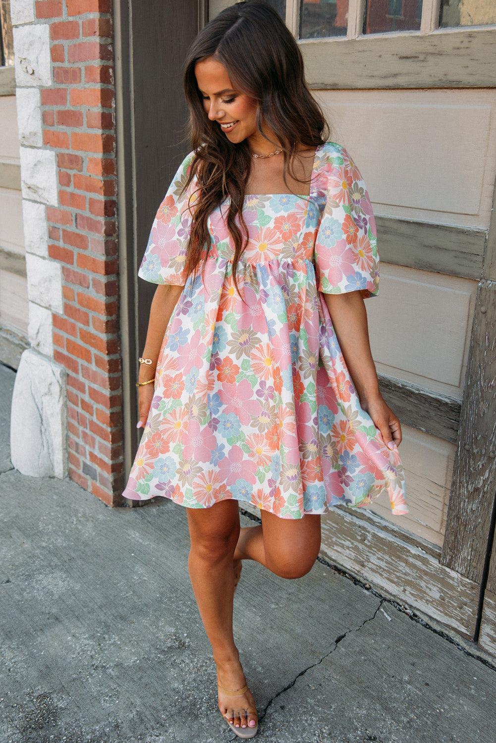 Floral Puff Sleeve Square Neck Babydoll Dress Floral Dresses MyDresses 