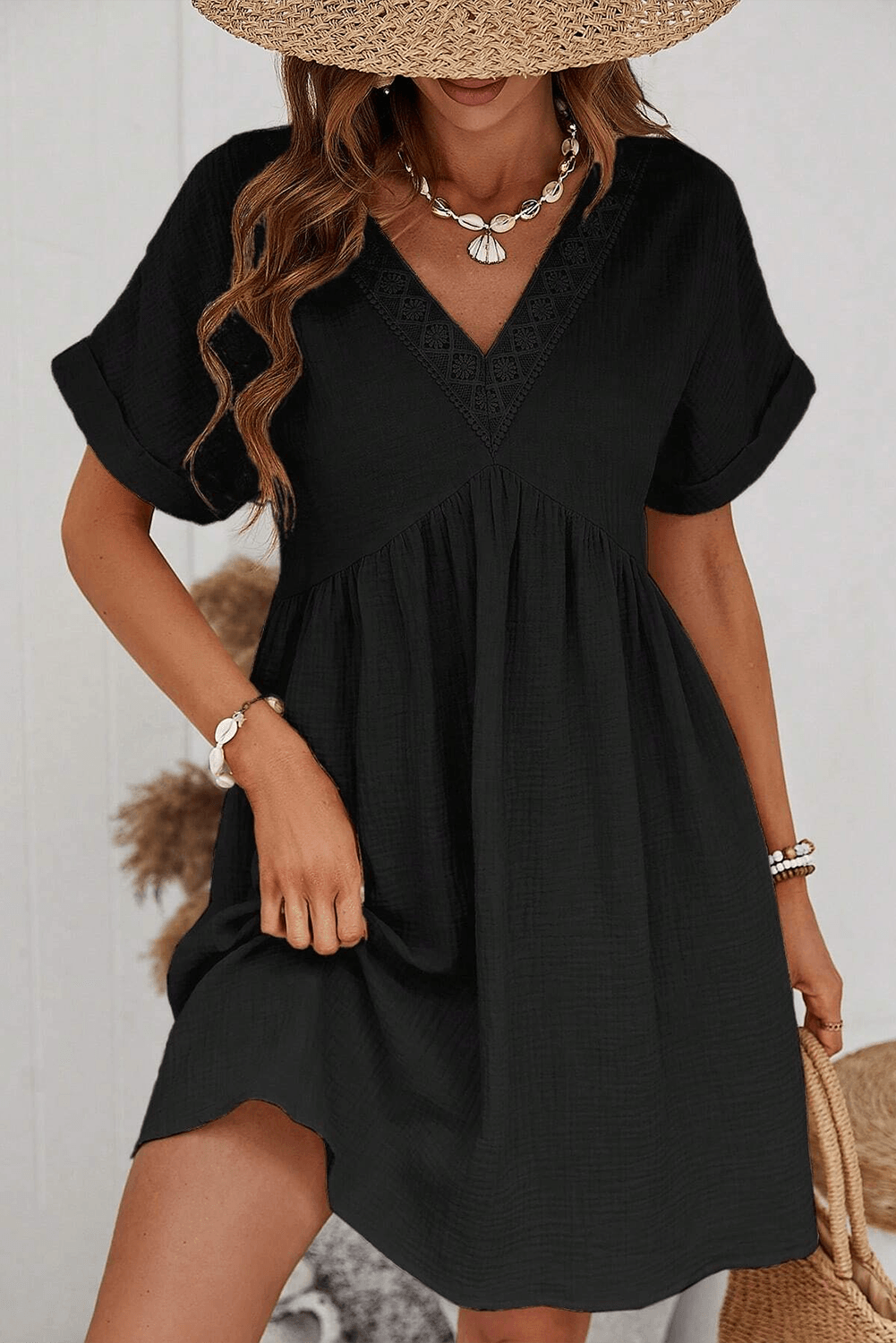 Folded Lace V-Neck Mini Dress Mini Dresses MyDresses Black 8 | S 