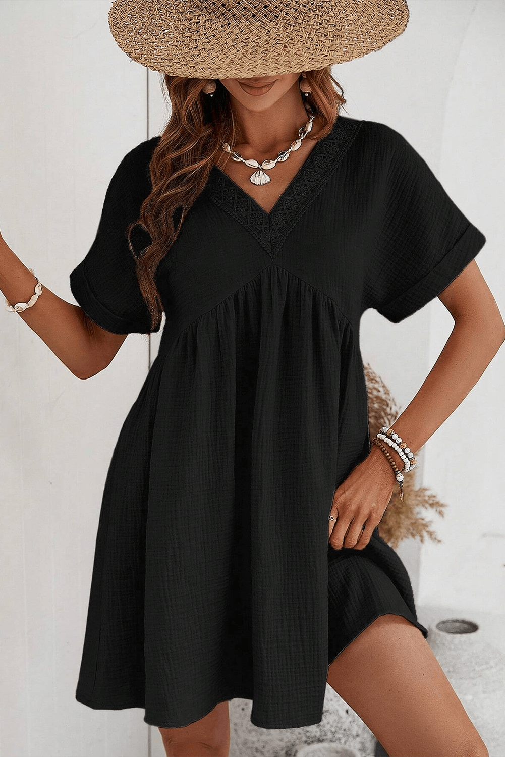 Folded Lace V-Neck Mini Dress Mini Dresses MyDresses 