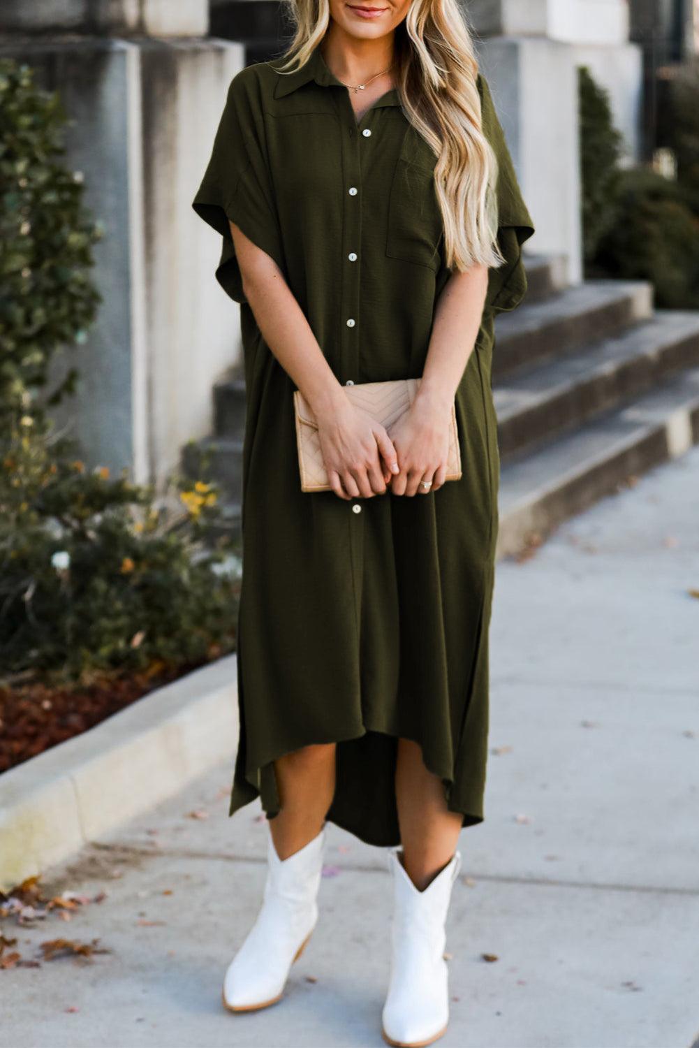 High Low Hem Shirt Dress with Side Slits Maxi Dresses MyDresses Jungle Green 8 | S 