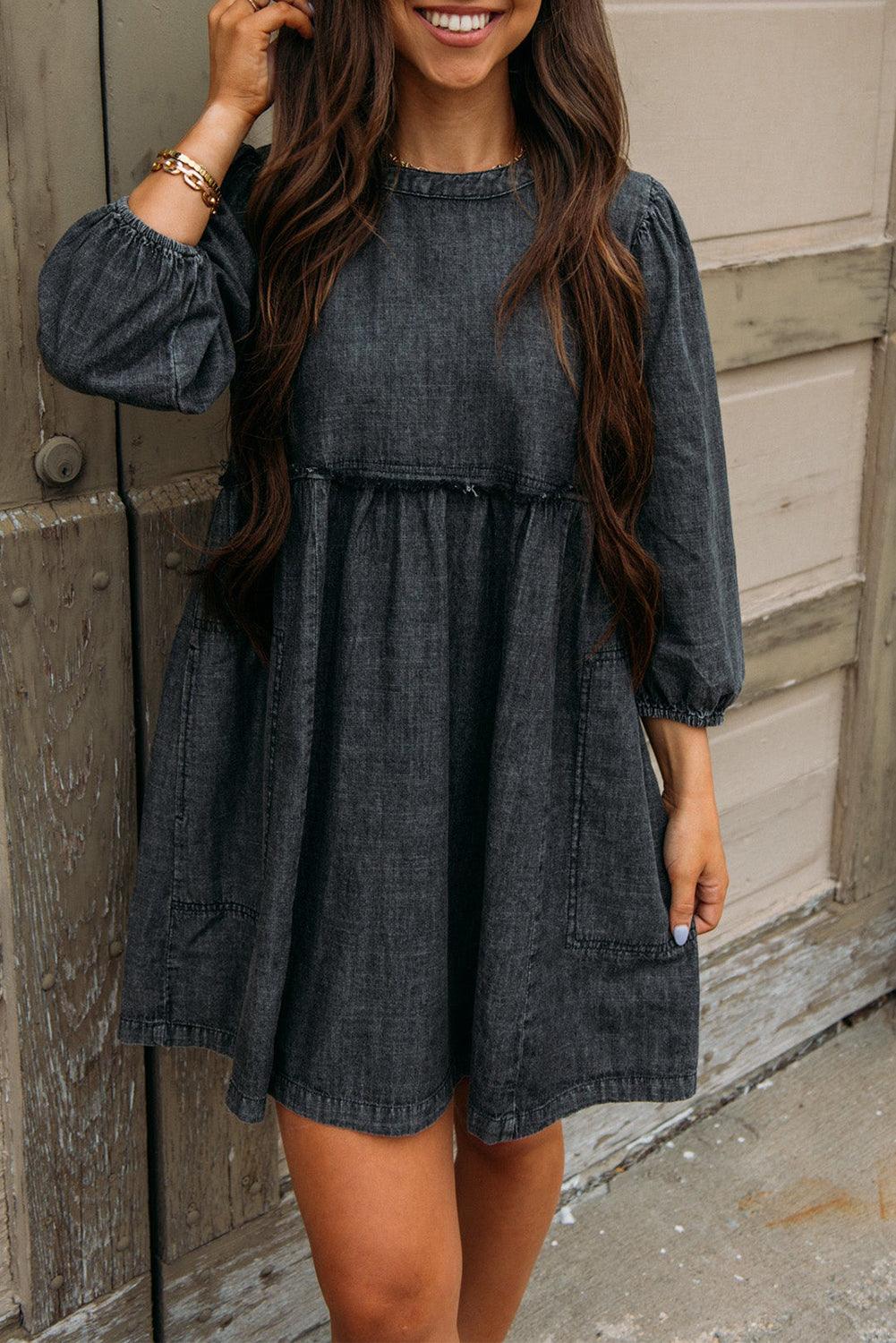 High Waist Balloon Sleeve Denim Dress Mini Dresses MyDresses Black 8 | S 