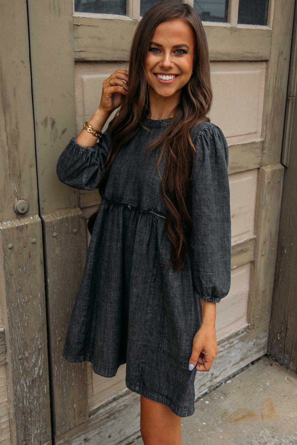 High Waist Balloon Sleeve Denim Dress Mini Dresses MyDresses 