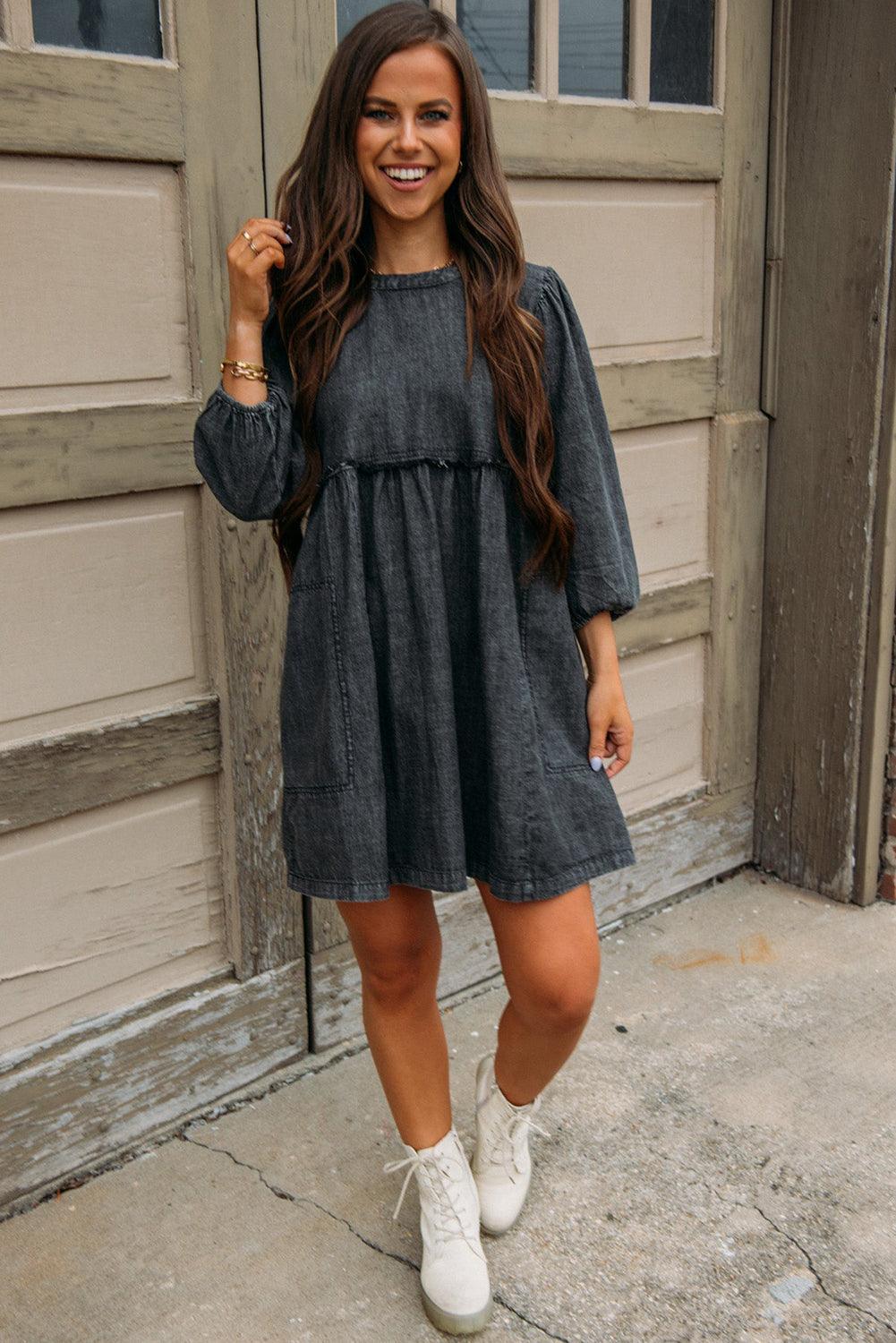 High Waist Balloon Sleeve Denim Dress Mini Dresses MyDresses 