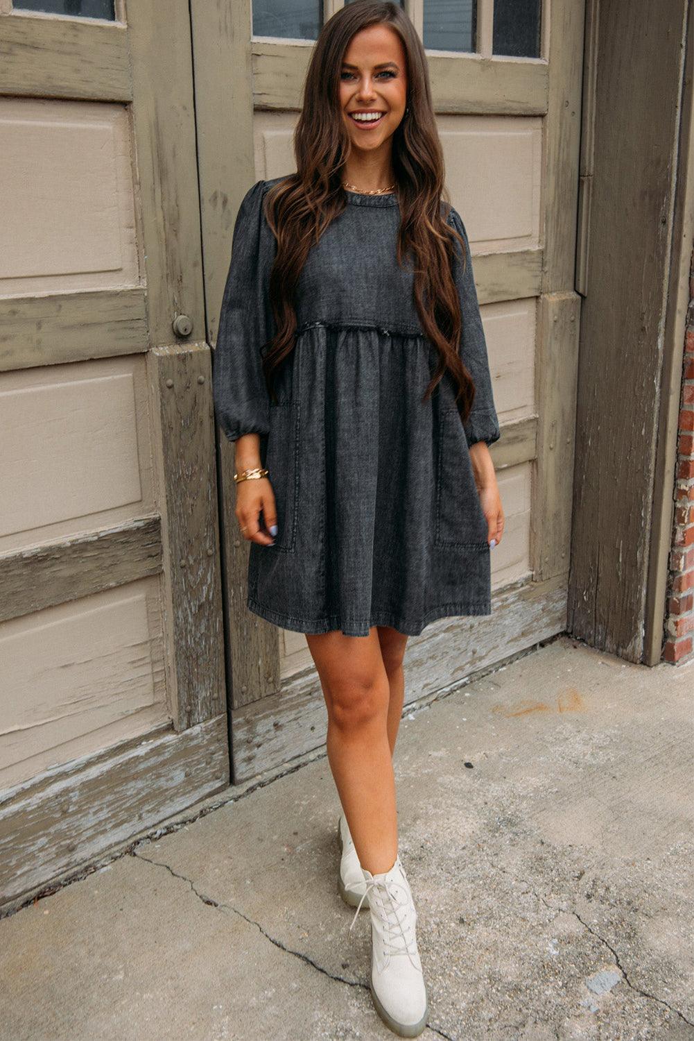 High Waist Balloon Sleeve Denim Dress Mini Dresses MyDresses 