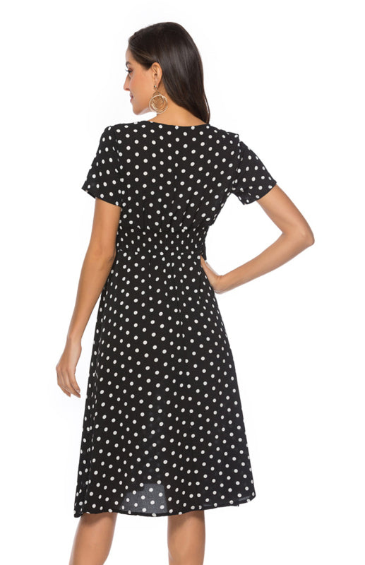 Polka Dot V-Neck Knee-Length Dress with Short Sleeves Midi Dresses MyDresses 