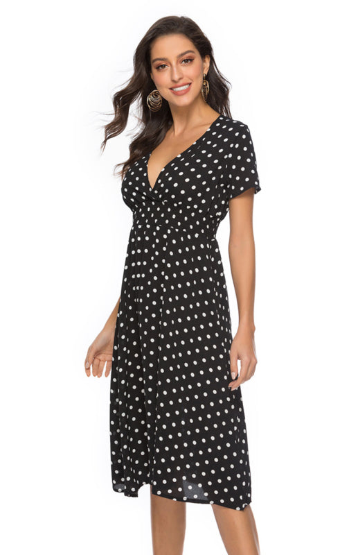 Polka Dot V-Neck Knee-Length Dress with Short Sleeves Midi Dresses MyDresses 