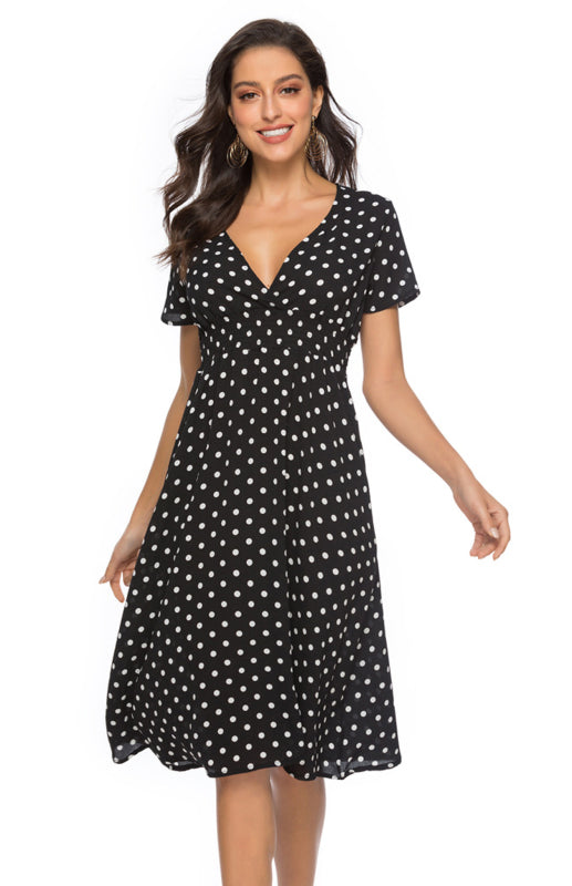 Polka Dot V-Neck Knee-Length Dress with Short Sleeves Midi Dresses MyDresses Black 8 | S 