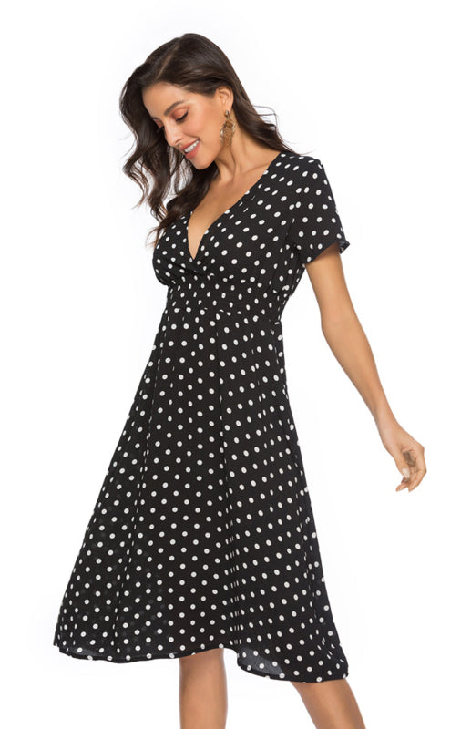 Polka Dot V-Neck Knee-Length Dress with Short Sleeves Midi Dresses MyDresses 