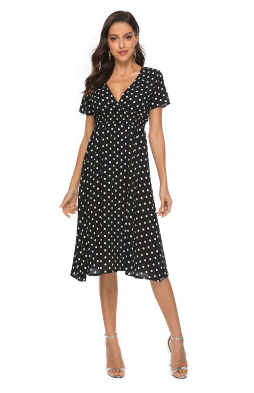 Polka Dot V-Neck Knee-Length Dress with Short Sleeves Midi Dresses MyDresses 