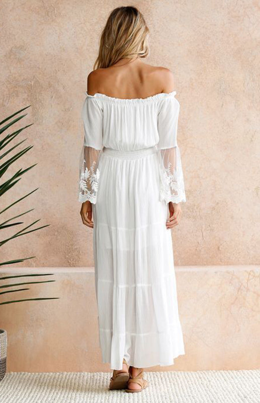 Off-Shoulder Maxi Dress with Lace Sleeves and Tiered Skirt Maxi Dresses MyDresses 