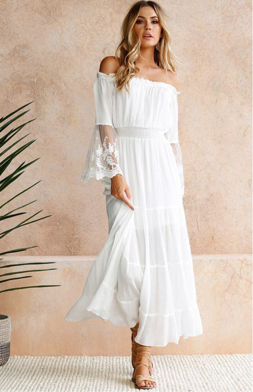 Off-Shoulder Maxi Dress with Lace Sleeves and Tiered Skirt Maxi Dresses MyDresses White 8 | S 