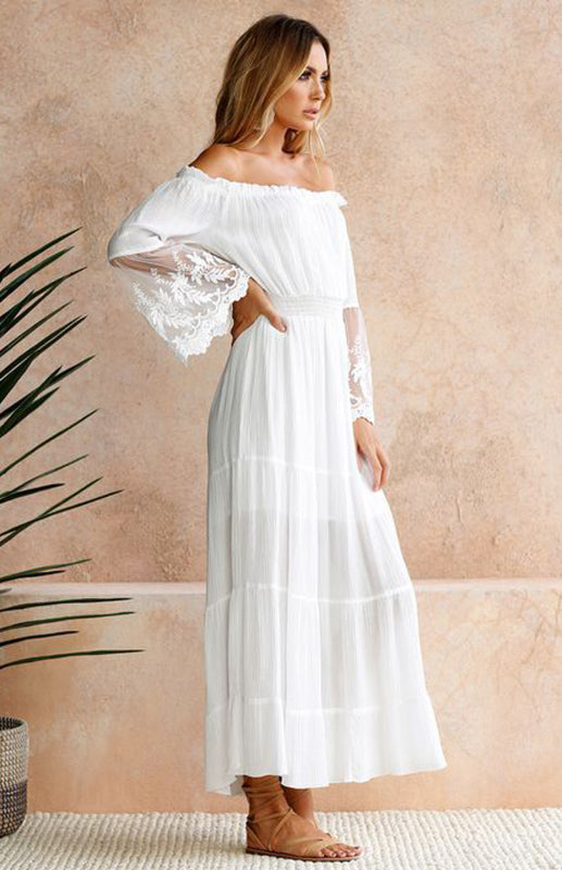 Off-Shoulder Maxi Dress with Lace Sleeves and Tiered Skirt Maxi Dresses MyDresses 